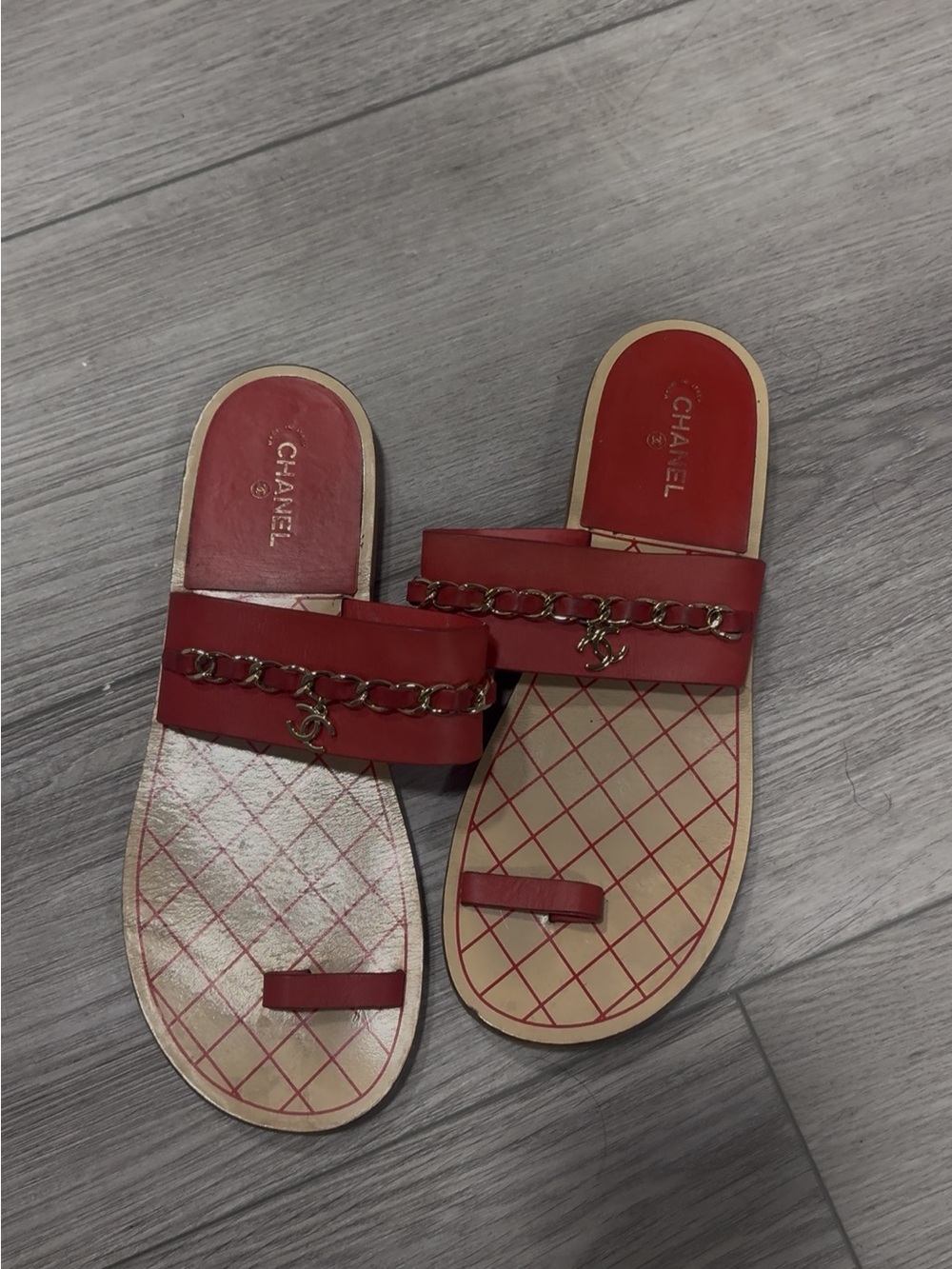 CHANEL Red Leather Chain-Trim Slide Sandals